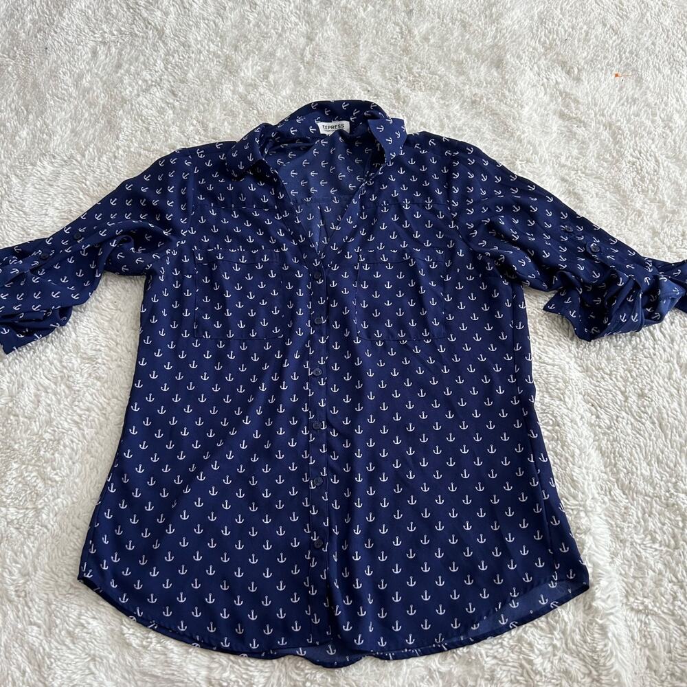 Express Women's Portofino Top Blue Anchor M Business Teacher Work Office Attire - Picture 2 of 7